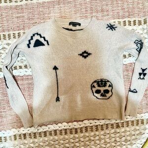 Skull Cashmere Light Tan Sweater with Black Motifs